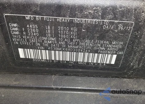 2013 Subaru Legacy 2.5I Limited из США, поврежденный, VIN 4S3BMCK64D3004749